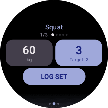 Wear OS app showing set logging for Squat exercise
